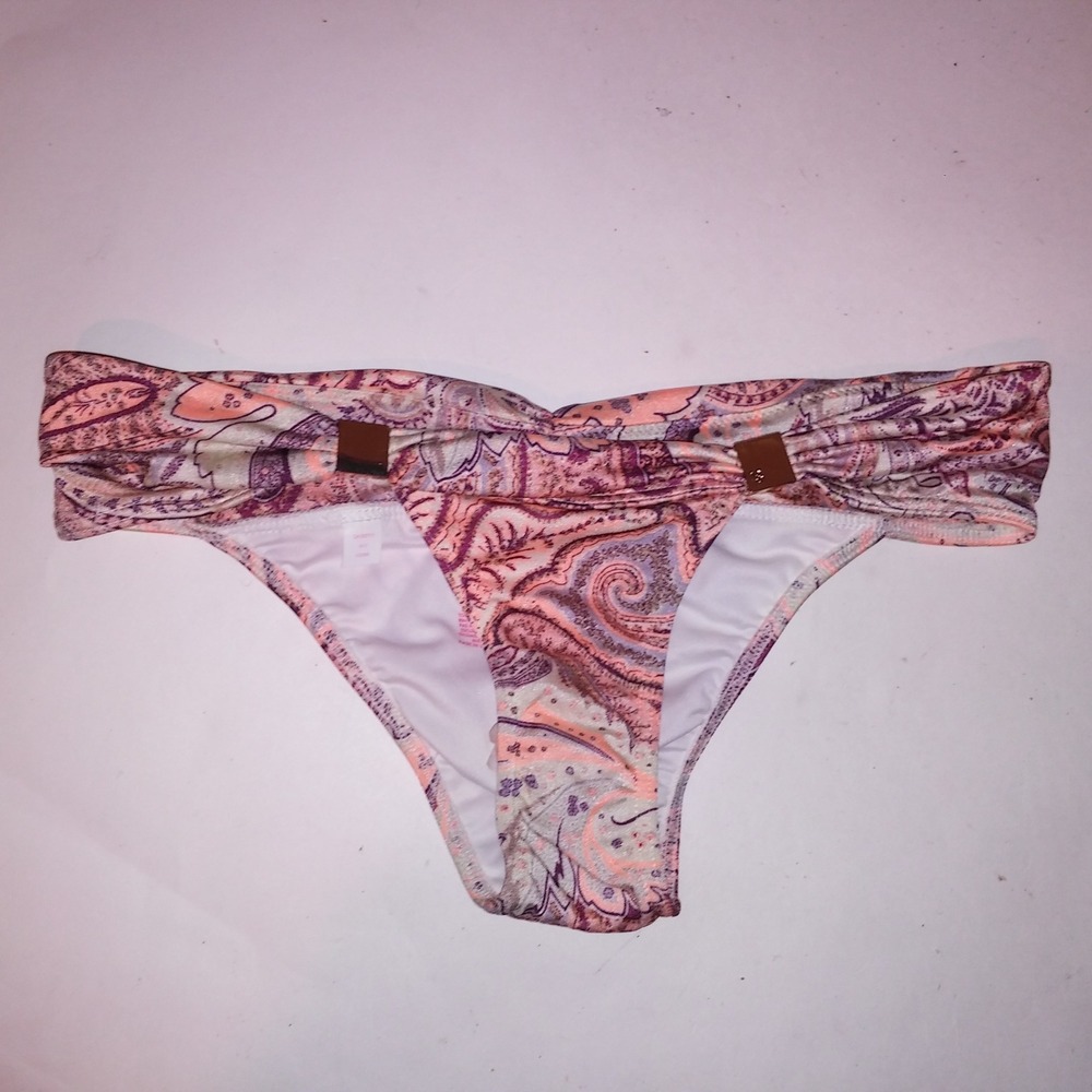 Victoria Secret Swim Bikini Bottom XS Hottie Cheeky Burgundy Cream Peach Paisley